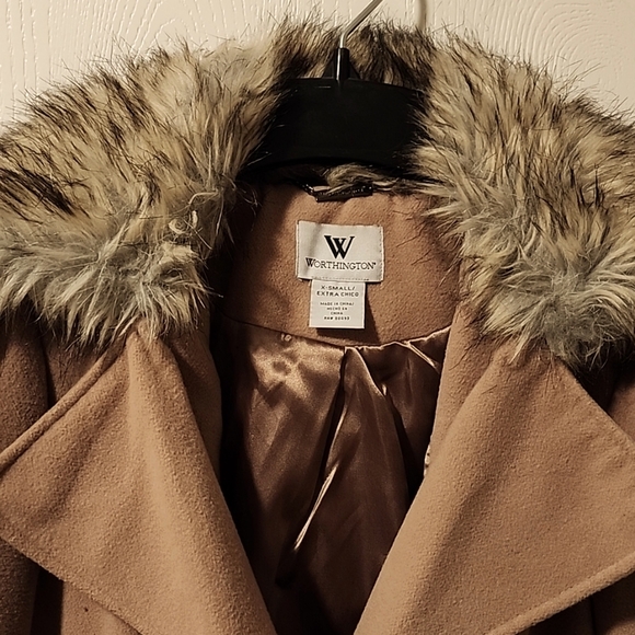 Tan Double Breasted Pea Coat with faux fur collar/ Free shipping! - Picture 5 of 7